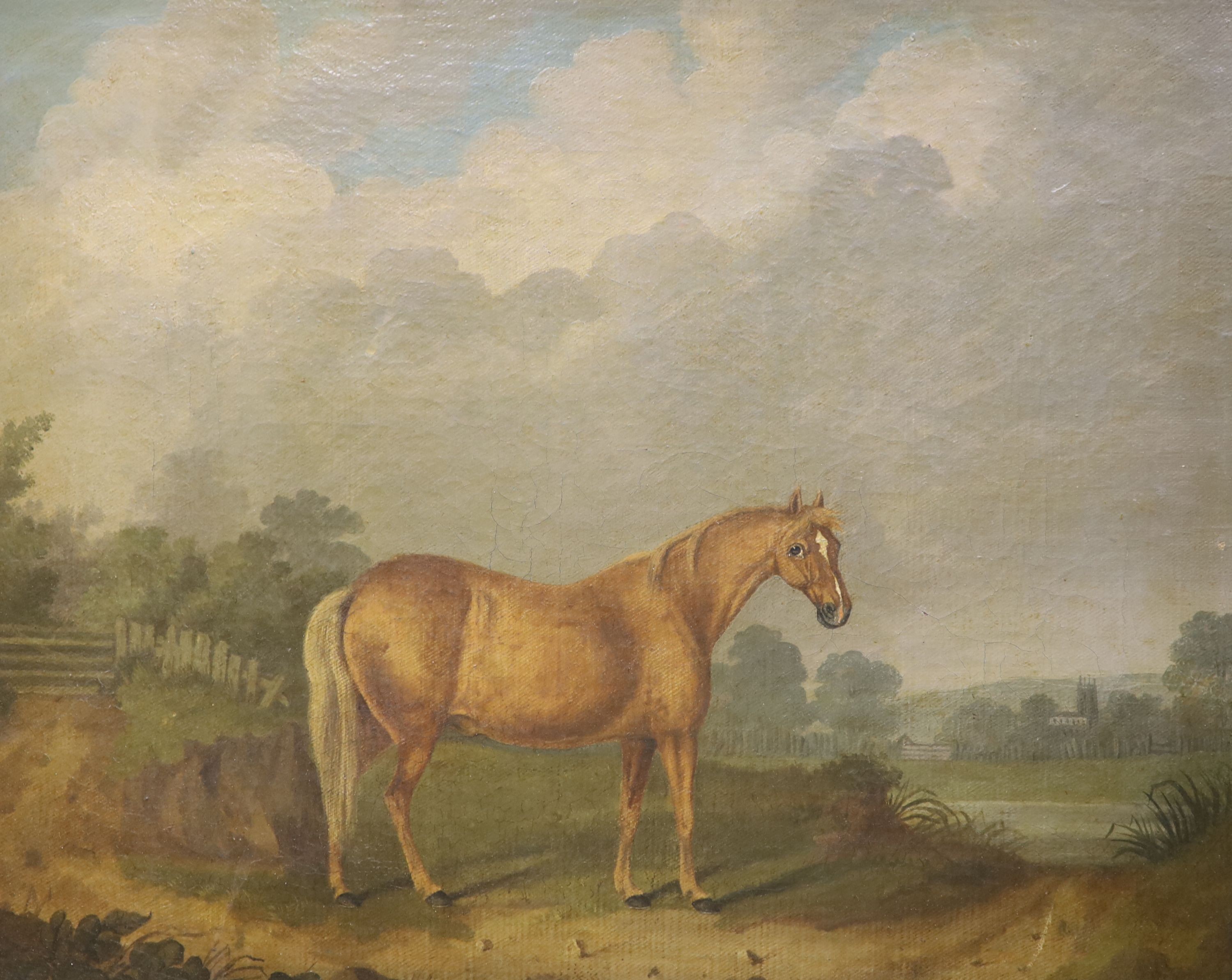 Capt. Johnson (C.19th), oil on canvas, Portrait of a horse standing in a landscape, signed and dated 1822, 34 x 43cm